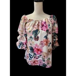 S Levine Women's Blouse Pearl Puff Sleeve Floral Cream Coral